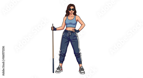 Stylish woman in casual attire, with sunglasses and a billiard cue stick