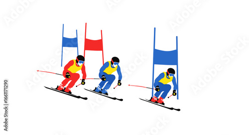 Stylized ski racers navigate colorful gates in alpine skiing competition