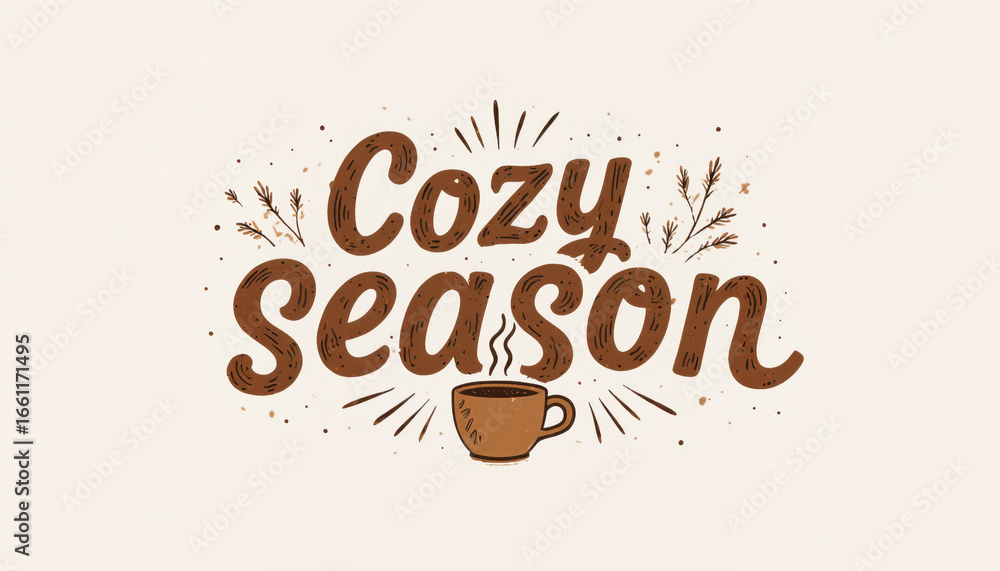 Obraz premium Cozy season typographic art with coffee cup on light background 