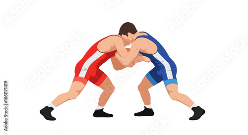 Two Wrestlers Engaged in Intense Grappling Match on Isolated Background