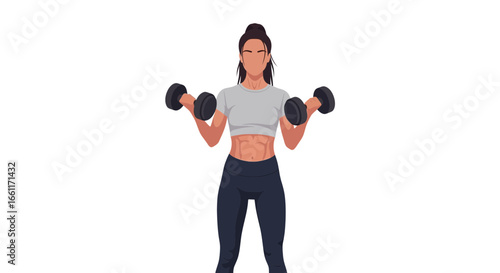 Vector art of a fit woman lifting dumbbells in a gym on white background