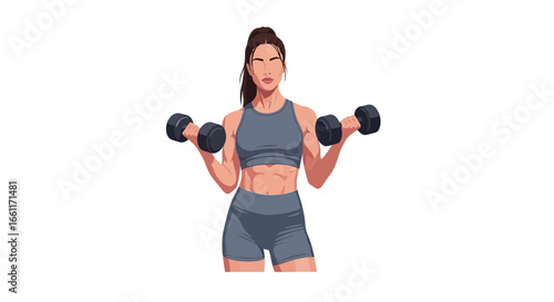 Vector illustration of a strong athletic woman exercising with dumbbells
