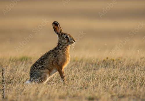 A realistic European hare, alert and composed, in a sunlit grassy field, perfectly capturing the intricate details of its fur and the serene beauty of wildlife at golden hour.
