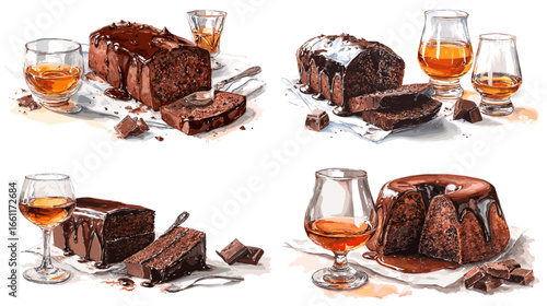 Rich watercolor illustration of chocolate cake with brandy glass and melted topping. Perfect for dessert menu, cafe branding, and luxurious food or sweet indulgence artwork.