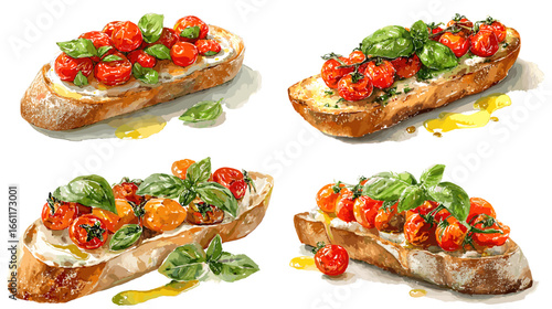 Watercolor illustration of Italian bruschetta topped with cherry tomatoes, basil, and olive oil. Perfect for restaurant menu design, cooking recipe, and Mediterranean food artwork.