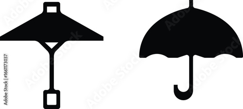 Umbrella icon set.Protection parasol symbol. Vector illustration isolated on white background. Folded parasol, open umbrella for rainy weather or sunshade.Umbrella different style icon set