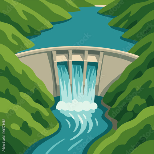 Scenic dam in mountainous landscape with flowing water in flat design
