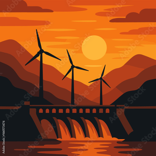 Sunset scene with wind turbines and hydroelectric dam in vibrant landscape