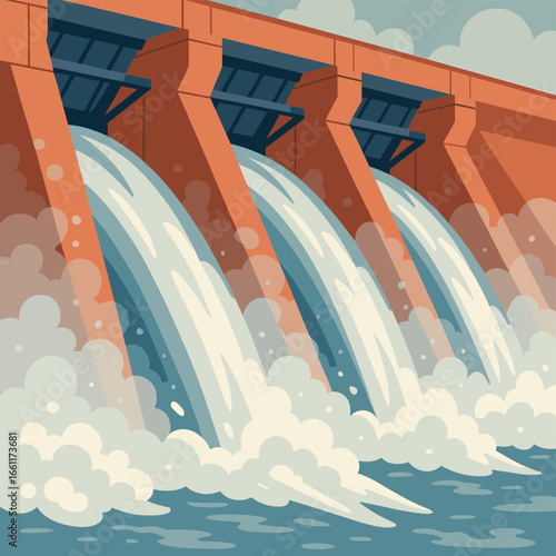 Retro style hydroelectric dam with flowing water and splashing waves in vintage design