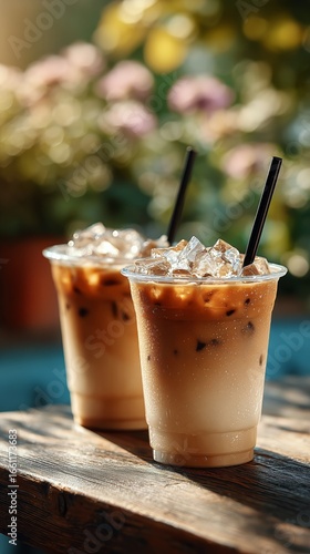 Refreshing Iced Coffee Drinks Served in Clear Cups With Ice During a Sunny Af...