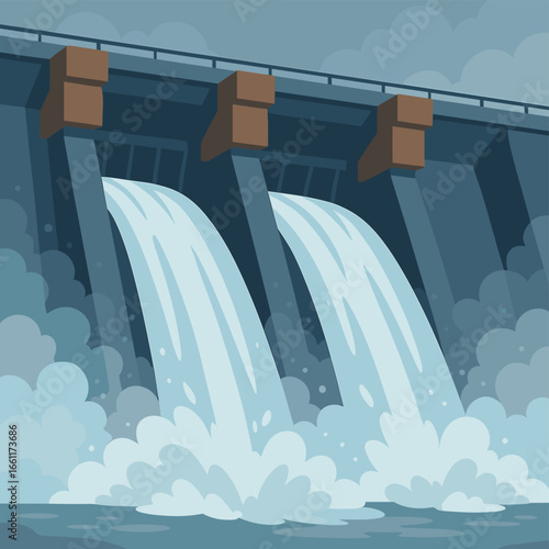 Hydroelectric dam water flow in modern flat design