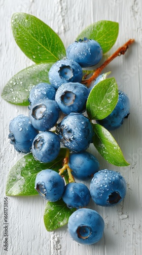 Freshly Harvested Blueberries With Dew on Green Leaves Arranged on a Wooden S...