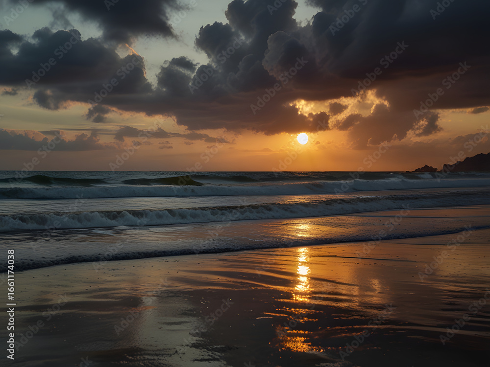 Obraz premium Reflective beach sunset with waves and cloudy sky