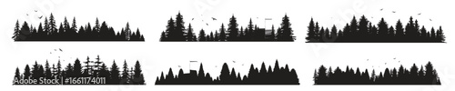 collection of horizontal fir tree silhouettes and flying birds