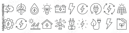 Collection of Icons of Green Energy Drawn with Thin Line for apps, web sites, banners, infographics and other types of design