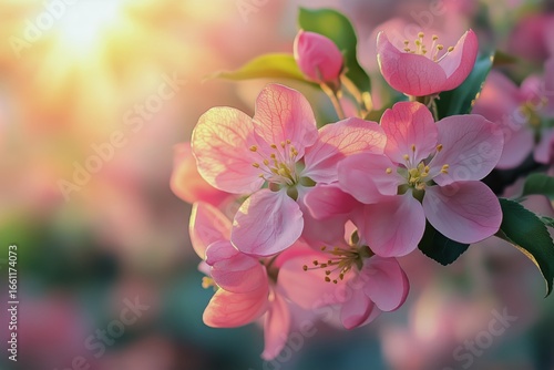 Beautiful Cherry Blossoms Bloom Under Warm Sunlight in a Tranquil Garden Sett...