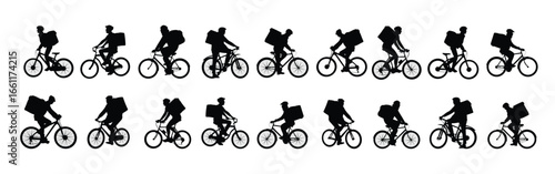 Collection of silhouettes of delivery people riding