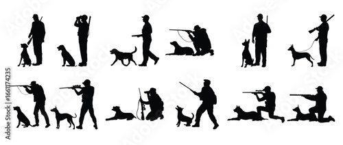 collection of silhouettes of hunters with their dogs