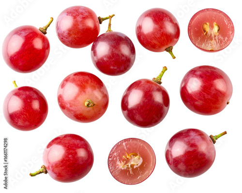  Scattered Red Grapes with Loose Stems, overhead view, isolated on transparent background PNG