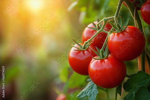 Ripe Red Tomatoes Growing on Vine in Lush Garden During Golden Hour.