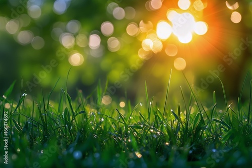 Sunlight Filtering Through Trees Highlights Dew-Covered Grass in a Serene Mor...