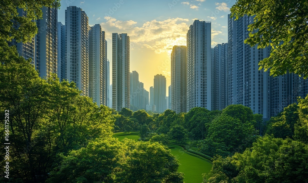 Fototapeta premium Sustainable urban design featuring eco-friendly elements, such as green spaces and renewable energy solutions. The design emphasizes creating environmentally responsible urban, Generative AI