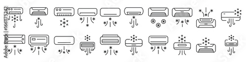 Cooling Air Conditioner Thin Line Icon Set. Outline Signs for Graphic and Web Design, Apps, Adverts, Various Cards