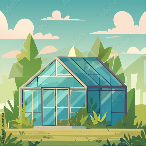 Abandoned greenhouse overgrown with wild plants