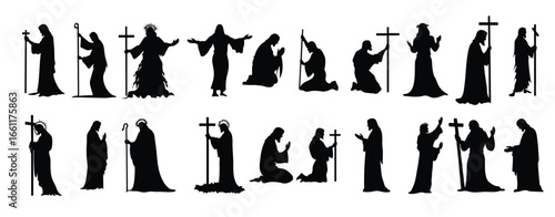 Diverse depictions of Jesus Christ in silhouette vector artwork for Christian themed projects
