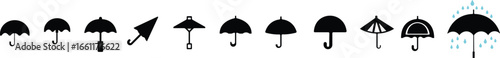 Umbrella icon set.Protection parasol symbol. Vector illustration isolated on white background. Folded parasol, open umbrella for rainy weather or sunshade.Umbrella different style icon set