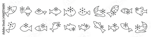 Frozen Fish Line Icon Pack. Outline Signs for Graphic and Web Design, Apps, Adverts, Various Cards