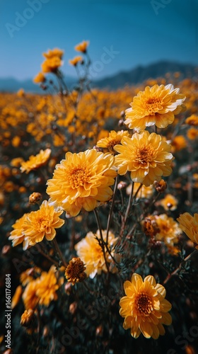 Bright Yellow Flowers Bloom in a Field Under Clear Blue Skies