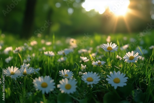 Sunlight Shines Through Flowers in a Grassy Field During a Peaceful Morning.
