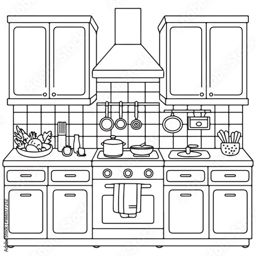 Detailed Modern Kitchen with Oven, Shelves, and Kitchenware - Fun Kids' Art