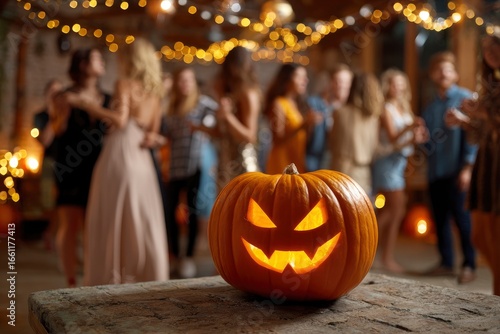 A jackolantern glows on a table at a party with string lights and blurred people