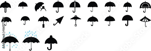 Umbrella icon set.Protection parasol symbol. Vector illustration isolated on white background. Folded parasol, open umbrella for rainy weather or sunshade.Umbrella different style icon set