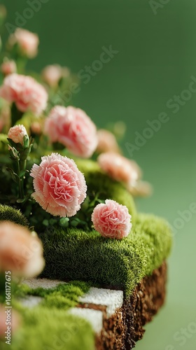 Beautiful Pink Flowers Blooming on Vibrant Green Moss in a Serene Indoor Setting