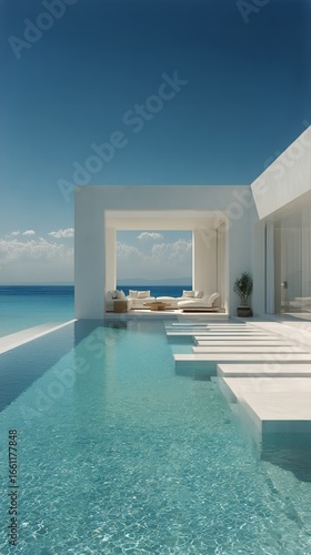 Luxury Beachfront Villa With Pool at Sunset by Tranquil Blue Ocean.