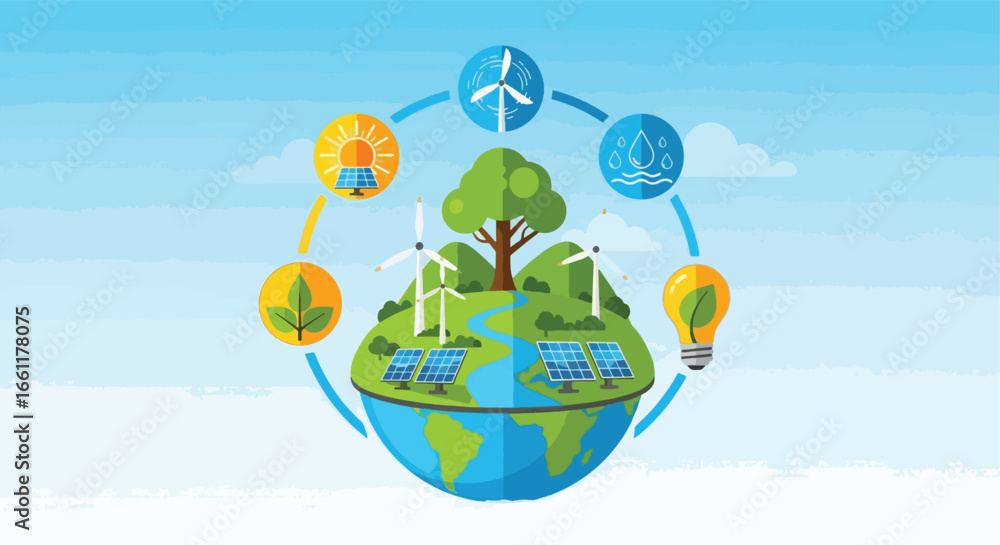 Naklejka premium Illustration of renewable energy sources on a globe, representing environmental sustainability.