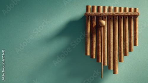 Wooden xylophone with mallet against a teal background. Warm lighting.