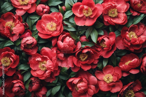 Vibrant Red Peonies in Full Bloom Showcasing Natures Beauty in a Sunny Garden...