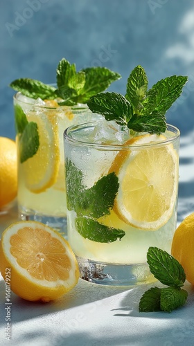 Refreshing Lemonade With Mint Served in Clear Glasses on a Bright Summer Day
