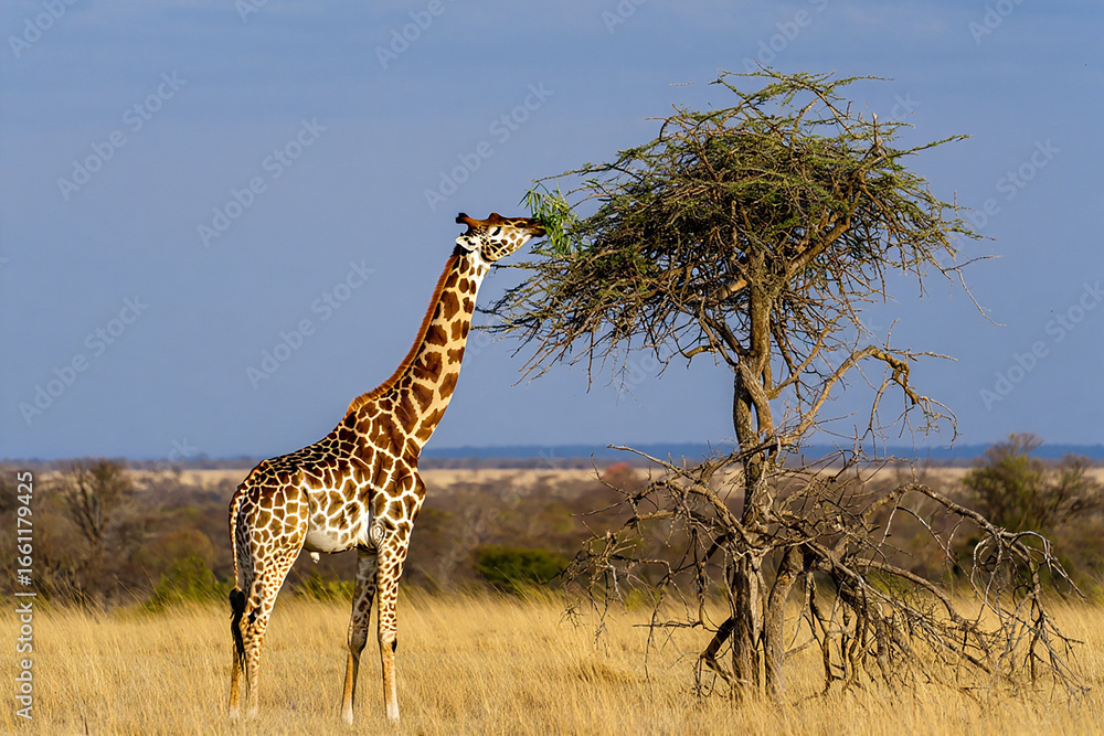 Obraz premium A large giraffe is eating leaves.