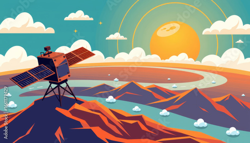 Satellite monitoring climate change data mountain range landscape digital artwork vibrant environment aerial viewpoint