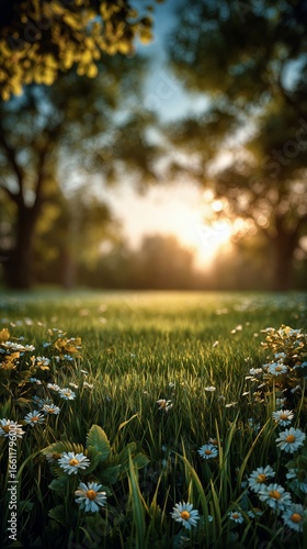 Sunset Light Illuminating a Meadow Filled With Blooming Flowers and Lush Gree...