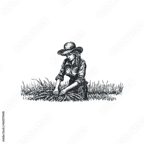 Sketch of a woman harvesting hay in a field wearing a wide-brimmed hat