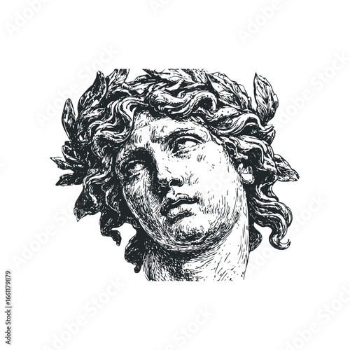 Classical bust of a man adorned with laurel leaves sketched in monochrome