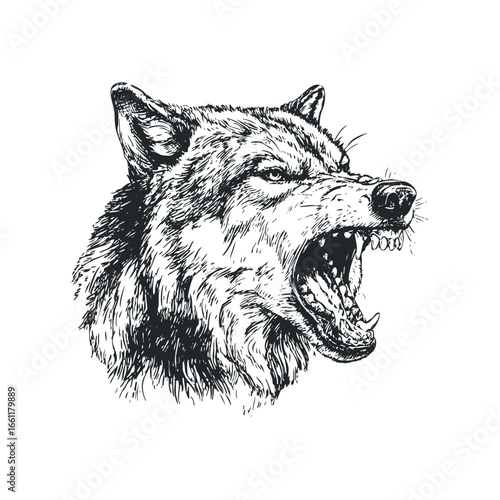 Ferocious Wolf Head Snarling with Open Mouth and Bared Teeth