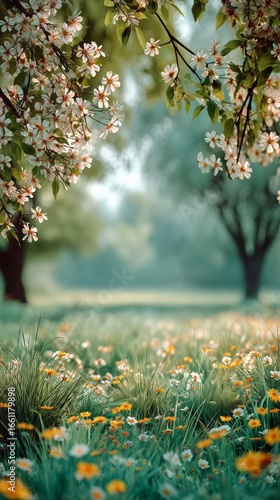 Sunlit Pathway Through a Field of Wildflowers in a Serene Forest Setting.