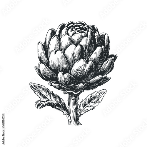 Detailed ink drawing of a single artichoke with textured leaves and stem